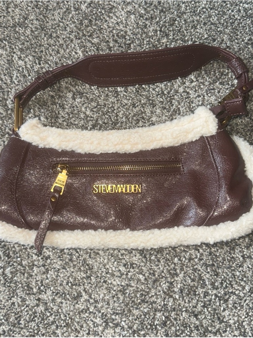 Steve Madden Brown Shoulder Bag with Cream Faux-Shearling Trim